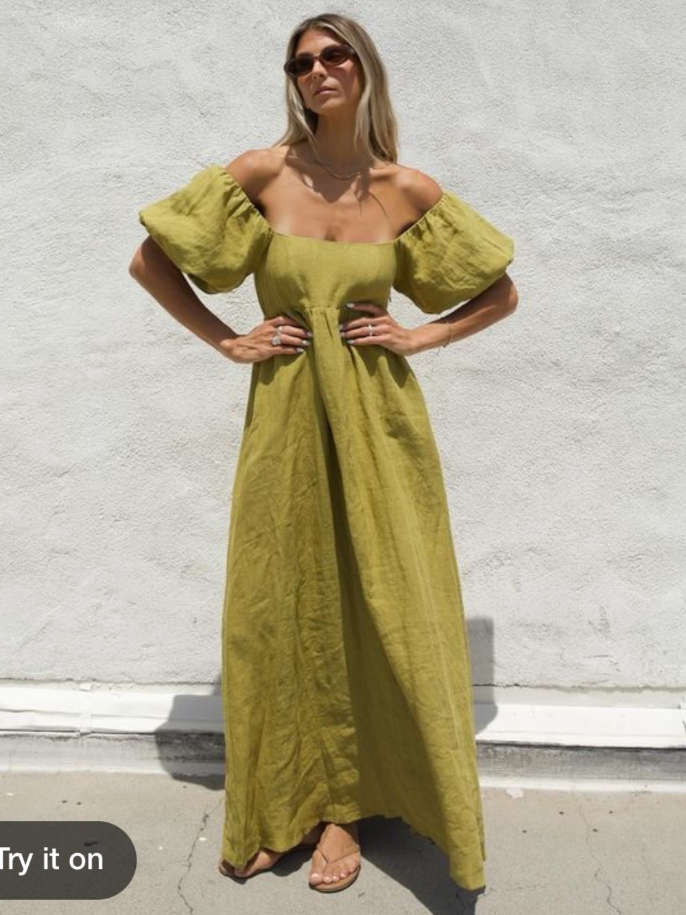 Olive Green Off-Shoulder Linen Maxi Dress